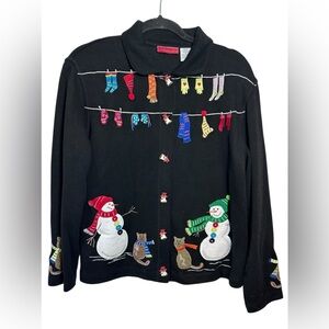 Onque Casuals Christmas Stocking w/Cat on Sleeve Snowman Buttons Long Sleeve SZM